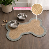 Petzi 24 in. x 16 in. Rustic Bone Shaped Hand Braided Natural Jute Pet Feeding Mat