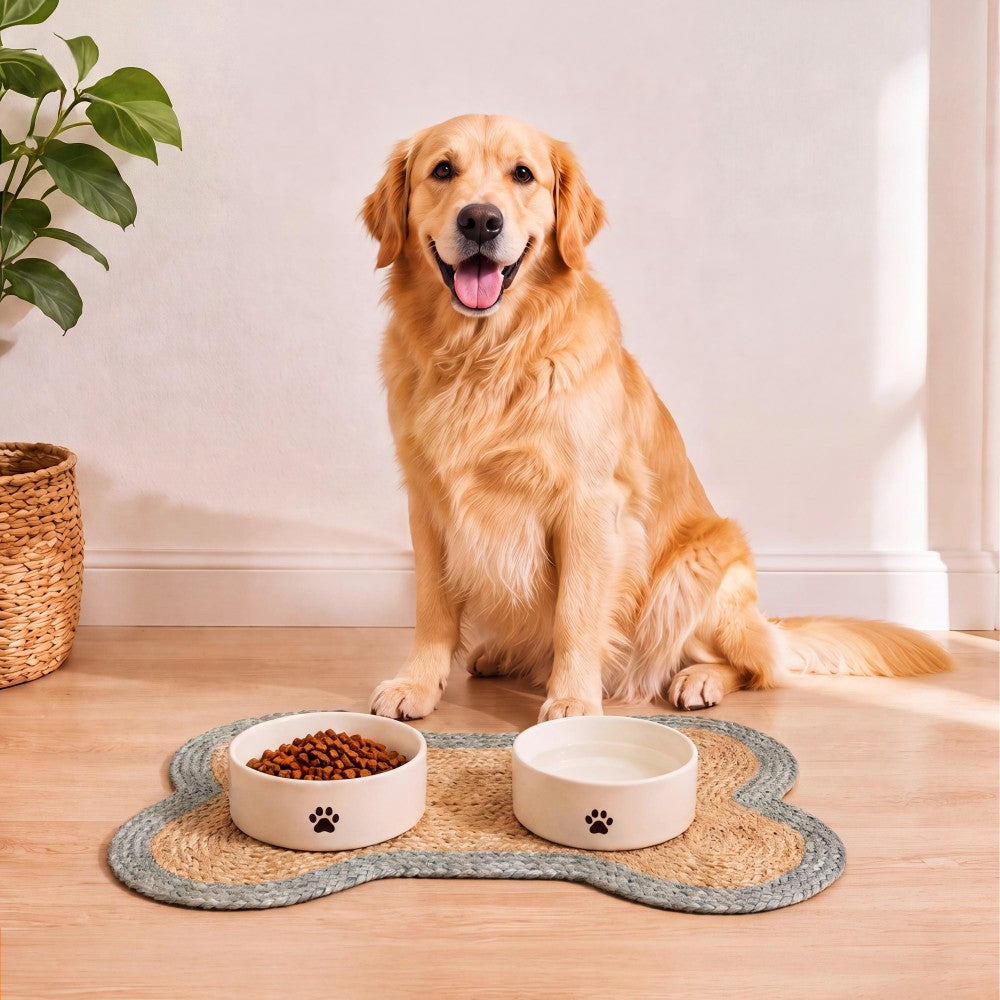 Petzi 24 in. x 16 in. Rustic Bone Shaped Hand Braided Natural Jute Pet Feeding Mat