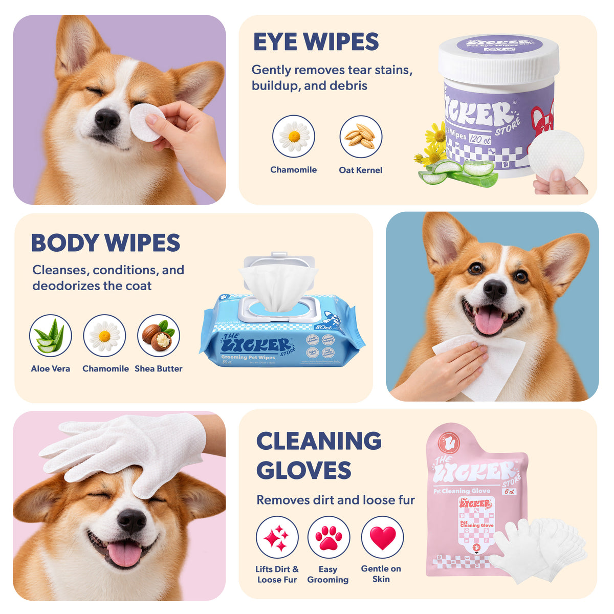 THE LICKER STORE 3-in-1 Pet Grooming Starter Bundle Kit - 80 Body Wipes with Aloe, Chamomile and Shea Butter, 6 Soft Glove Wipes - White