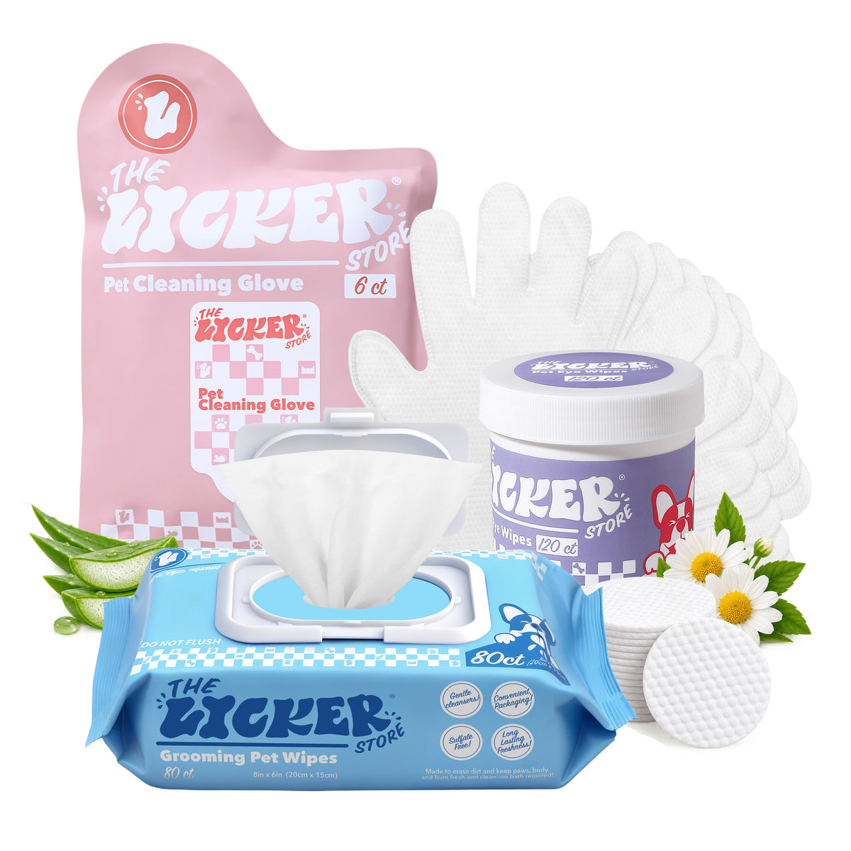 THE LICKER STORE 3-in-1 Pet Grooming Starter Bundle Kit - 80 Body Wipes with Aloe, Chamomile and Shea Butter, 6 Soft Glove Wipes - White