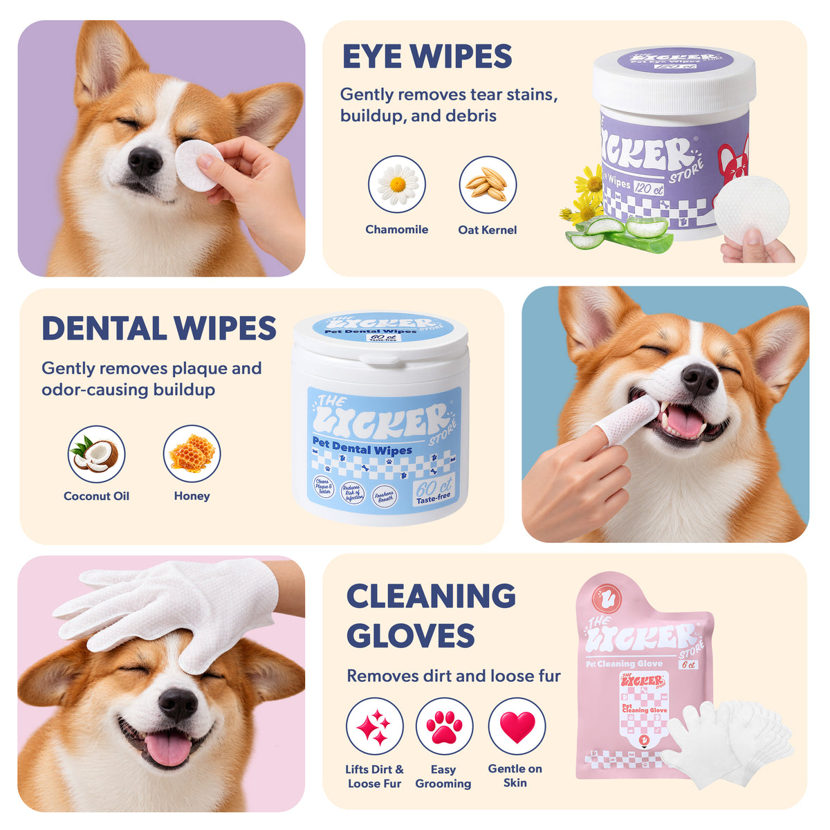 THE LICKER STORE 3-in-1 Dog Grooming and Dental Starter Bundle Kit - 80 Body Wipes with Aloe and Shea Butter, 6 Soft Glove Wipes - White