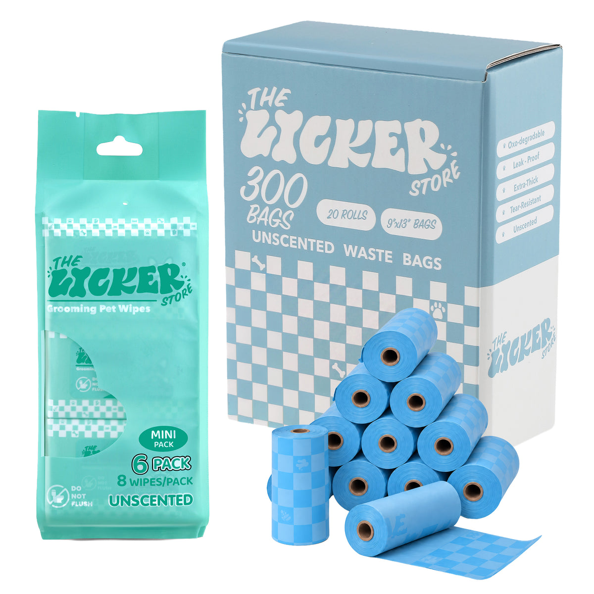 THE LICKER STORE Dog On-The-Go Care Bundle – Mini Body Wipes (48ct, 6 Packs) & Leakproof Dog Poop Bags (300ct - White/Blue