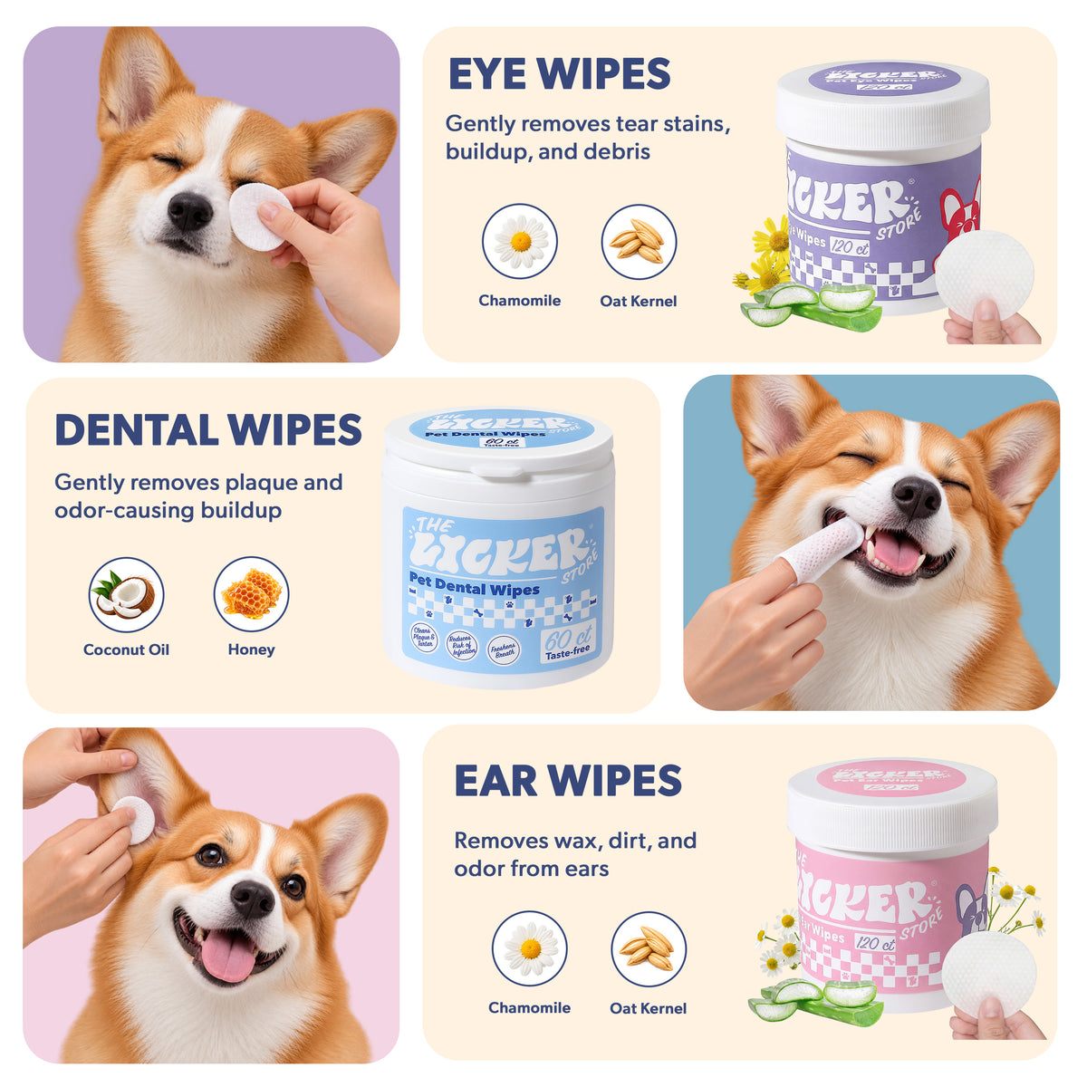 THE LICKER STORE Dog Facial & Dental Care Bundle – Eye Tear Stain Wipes (120ct) - White