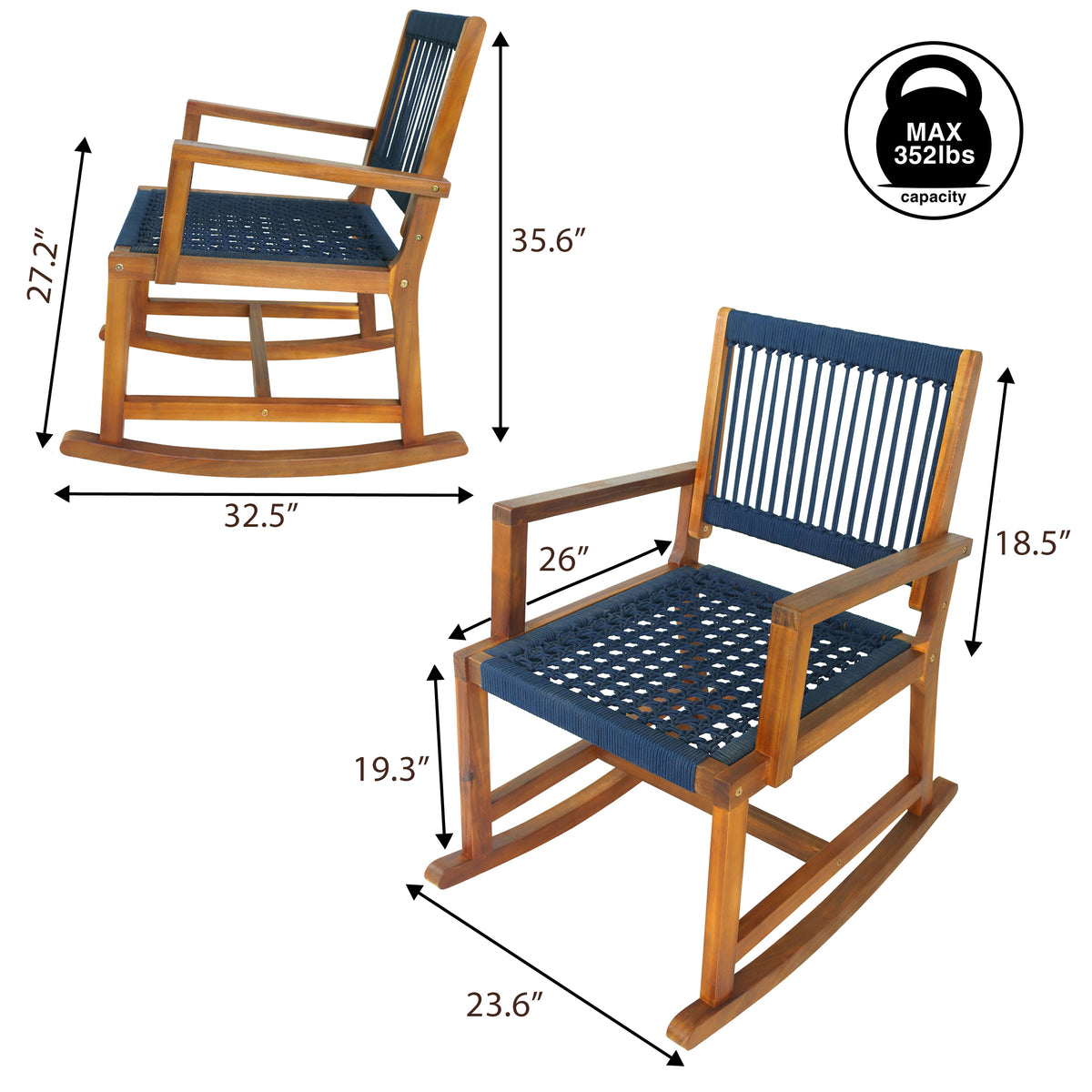 Navion Coastal Casual 352-LBS Support Acacia Wood and Woven Rope Outdoor Rocking Chair