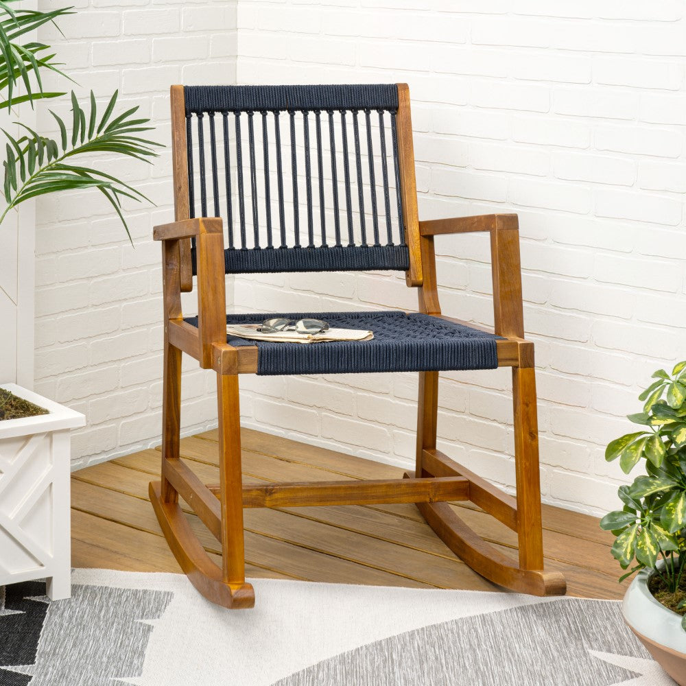 Navion Coastal Casual 352-LBS Support Acacia Wood and Woven Rope Outdoor Rocking Chair
