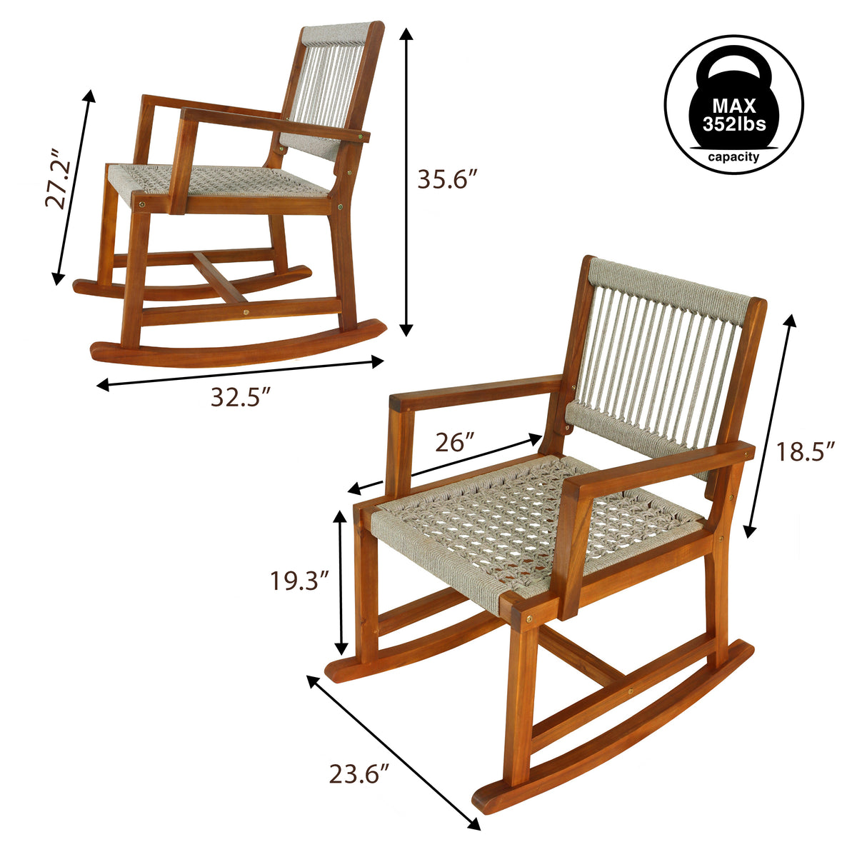 Navion Coastal Casual 352-LBS Support Acacia Wood and Woven Rope Outdoor Rocking Chair