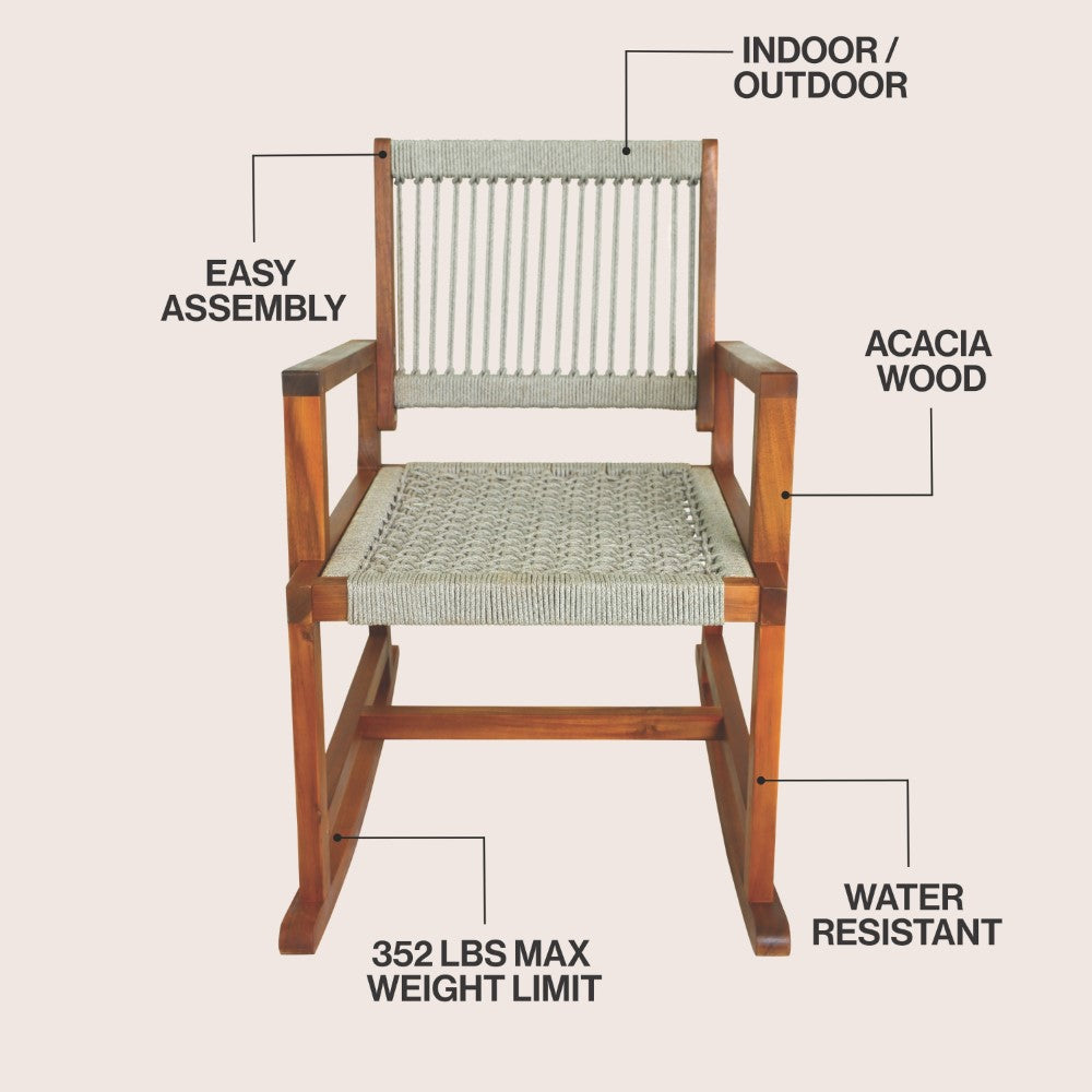 Navion Coastal Casual 352-LBS Support Acacia Wood and Woven Rope Outdoor Rocking Chair