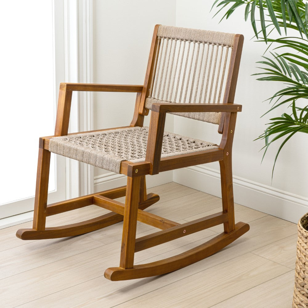 Navion Coastal Casual 352-LBS Support Acacia Wood and Woven Rope Outdoor Rocking Chair