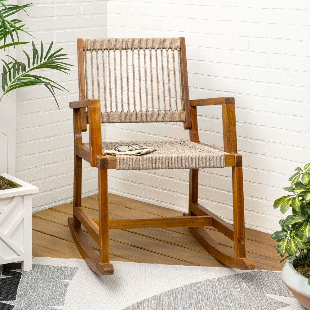 Navion Coastal Casual 352-LBS Support Acacia Wood and Woven Rope Outdoor Rocking Chair