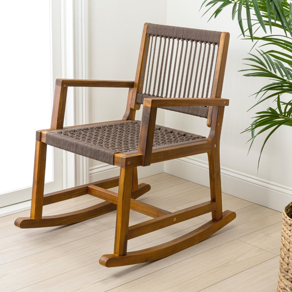 Navion Coastal Casual 352-LBS Support Acacia Wood and Woven Rope Outdoor Rocking Chair