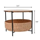 Carly 24.21" Modern Coastal Round Acacia Wood/Water Hyacinth Coffee Table with Storage Basket