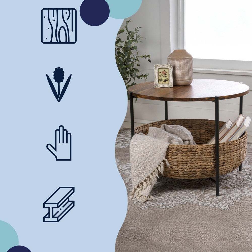 Carly 24.21" Modern Coastal Round Acacia Wood/Water Hyacinth Coffee Table with Storage Basket