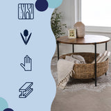 Carly 24.21" Modern Coastal Round Acacia Wood/Water Hyacinth Coffee Table with Storage Basket