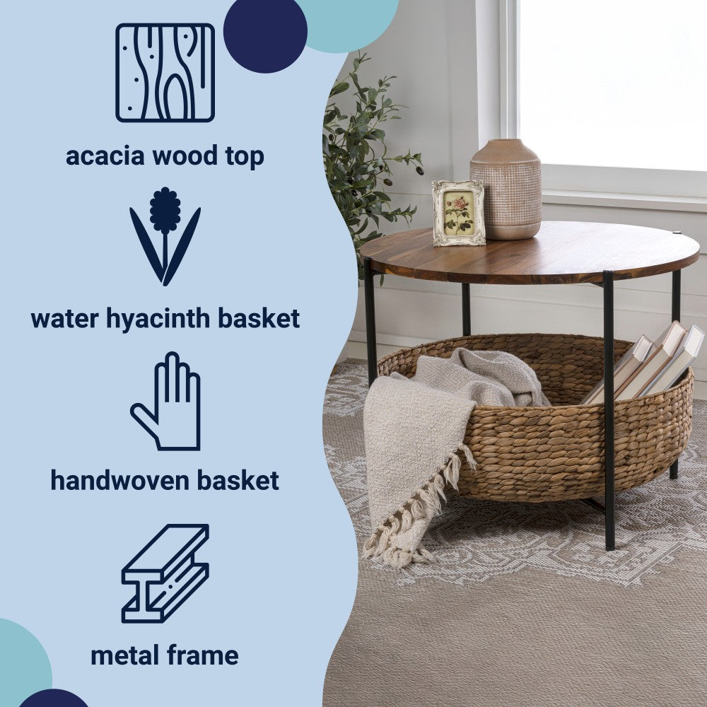 Carly 24.21" Modern Coastal Round Acacia Wood/Water Hyacinth Coffee Table with Storage Basket