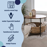 Carly 24.21" Modern Coastal Round Acacia Wood/Water Hyacinth Coffee Table with Storage Basket