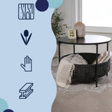 Carly 24.21" Modern Coastal Round Acacia Wood/Water Hyacinth Coffee Table with Storage Basket