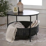 Carly 24.21" Modern Coastal Round Acacia Wood/Water Hyacinth Coffee Table with Storage Basket