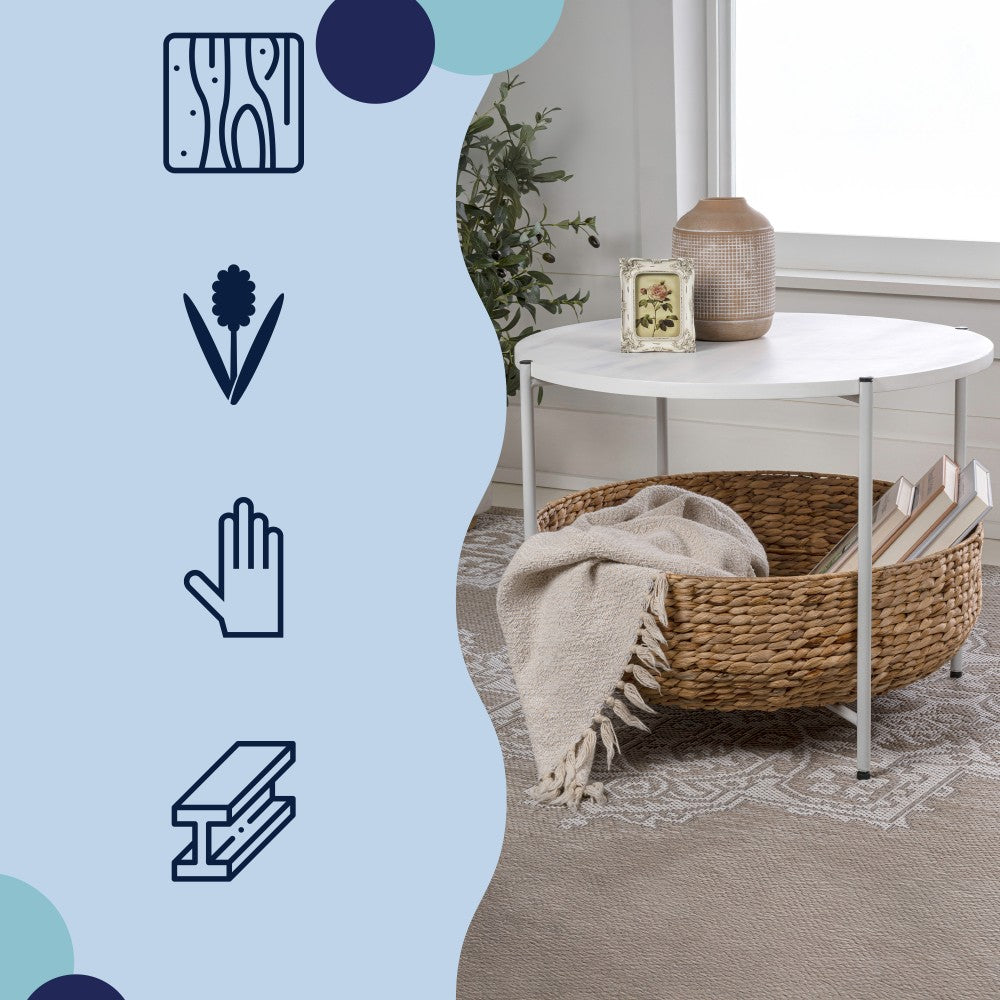Carly 24.21" Modern Coastal Round Acacia Wood/Water Hyacinth Coffee Table with Storage Basket