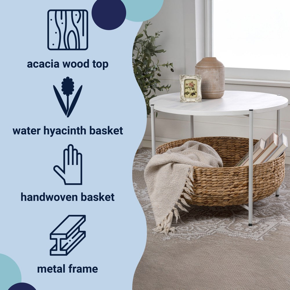 Carly 24.21" Modern Coastal Round Acacia Wood/Water Hyacinth Coffee Table with Storage Basket