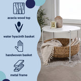 Carly 24.21" Modern Coastal Round Acacia Wood/Water Hyacinth Coffee Table with Storage Basket
