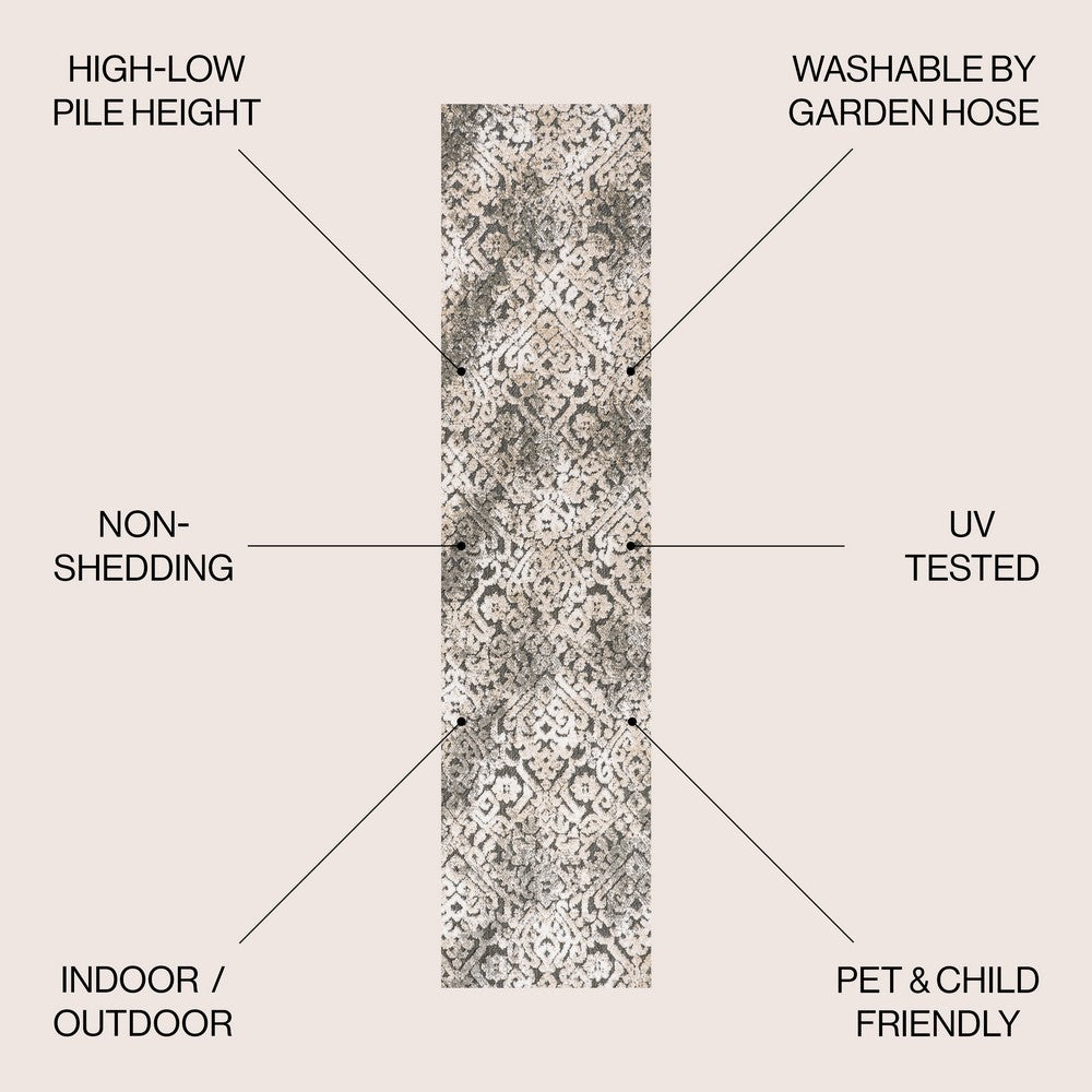 Tannisby High-Low Shabby Damask Indoor/Outdoor Area Rug