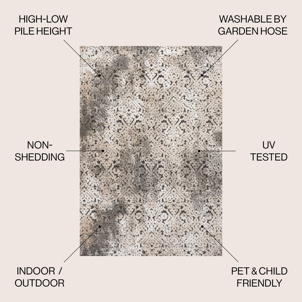 Tannisby High-Low Shabby Damask Indoor/Outdoor Area Rug