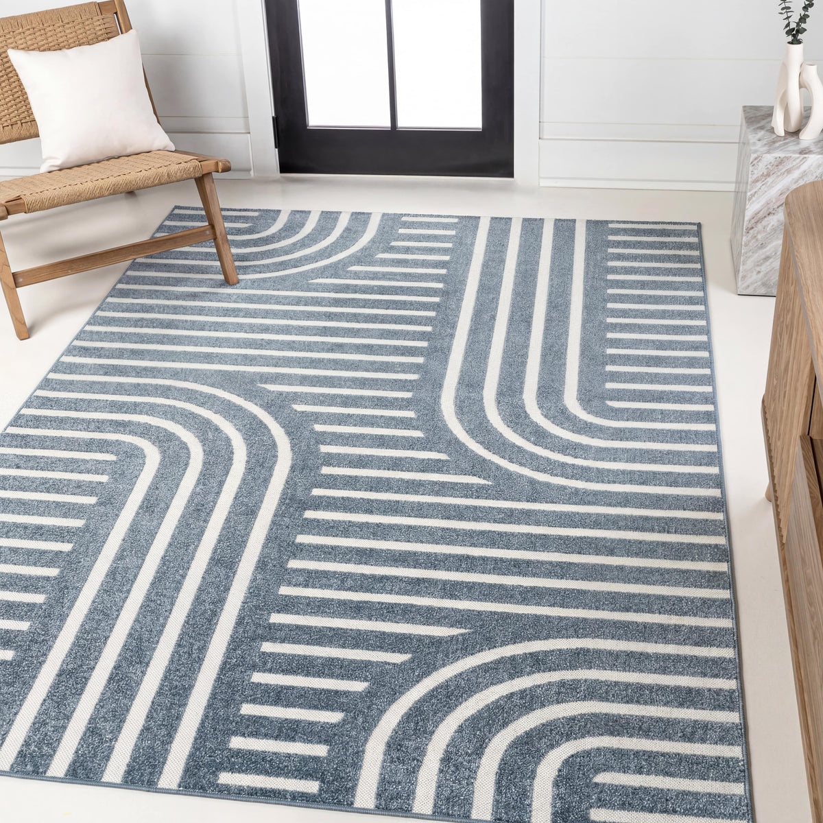 Verde High-Low MidCentury Modern Arch Stripe Two-Tone Indoor/Outdoor Area Rug
