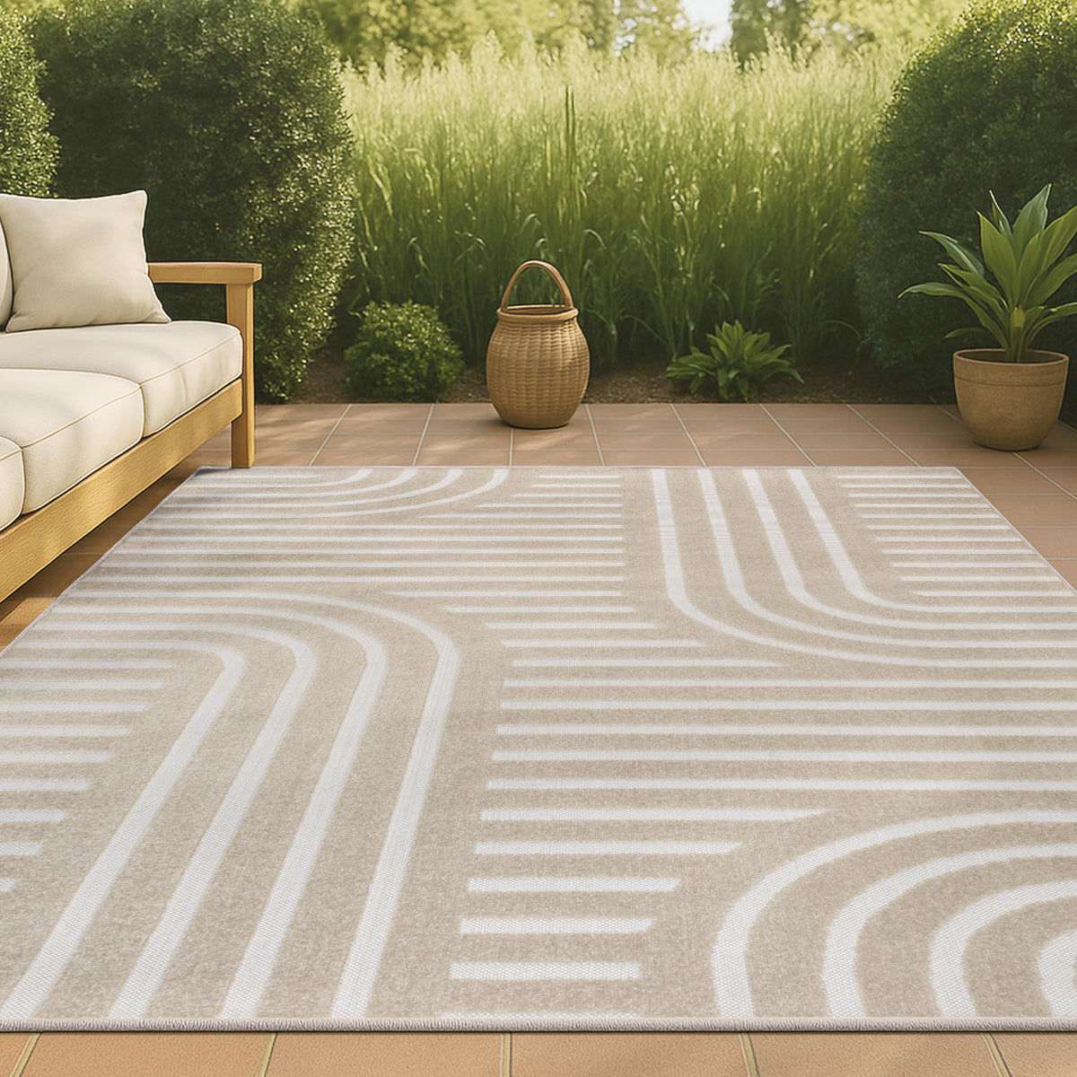 Verde High-Low MidCentury Modern Arch Stripe Two-Tone Indoor/Outdoor Area Rug