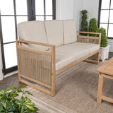 Rattler 3-Seat Mid-Century Modern Roped Acacia Wood Outdoor Sofa with Cushions