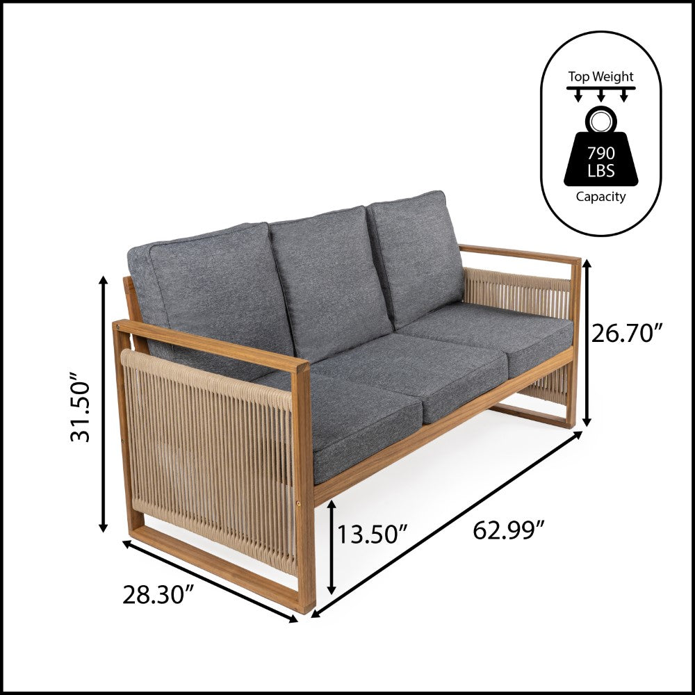 Rattler 3-Seat Mid-Century Modern Roped Acacia Wood Outdoor Sofa with Cushions