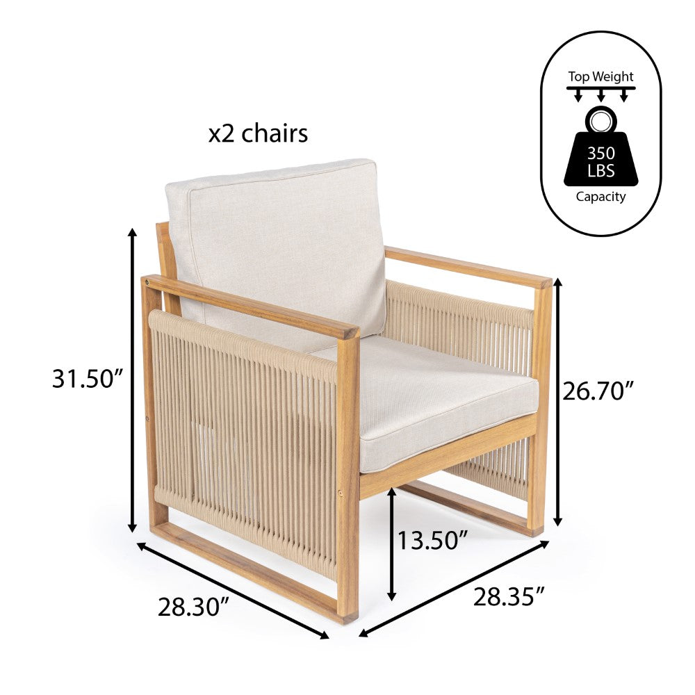 Noble Mid-Century Modern Roped Acacia Wood Outdoor Patio Chair with Cushions Set 2