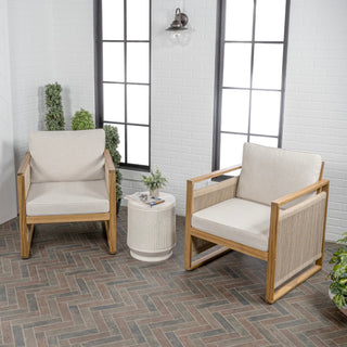 Noble Mid-Century Modern Roped Acacia Wood Outdoor Patio Chair with Cushions Set 2
