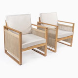 Noble Mid-Century Modern Roped Acacia Wood Outdoor Patio Chair with Cushions Set 2