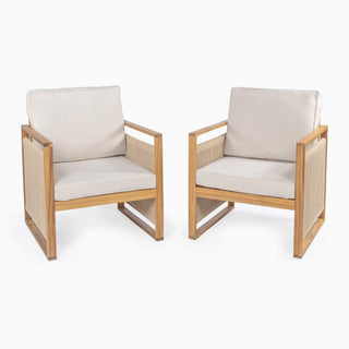 Noble Mid-Century Modern Roped Acacia Wood Outdoor Patio Chair with Cushions Set 2