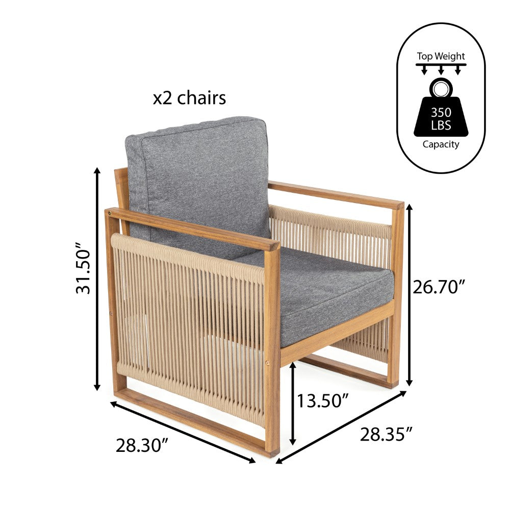 Noble Mid-Century Modern Roped Acacia Wood Outdoor Patio Chair with Cushions Set 2