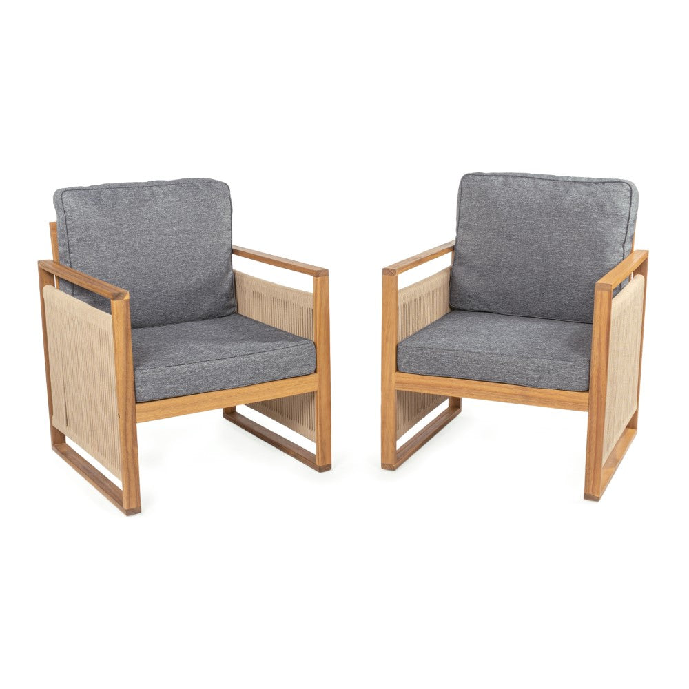 Noble Mid-Century Modern Roped Acacia Wood Outdoor Patio Chair with Cushions Set 2