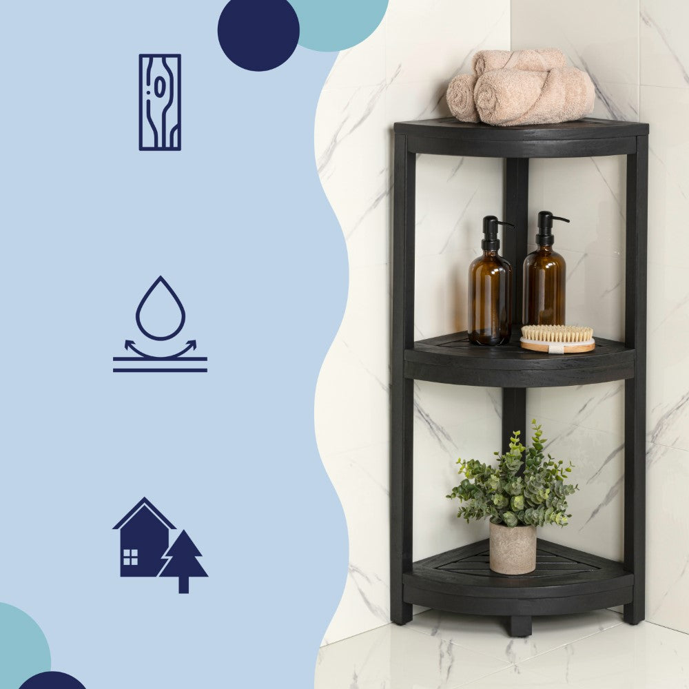 Tera 33" Classic Minimalist 3-Tier Acacia Wood Freestanding Bathroom Corner Shelf