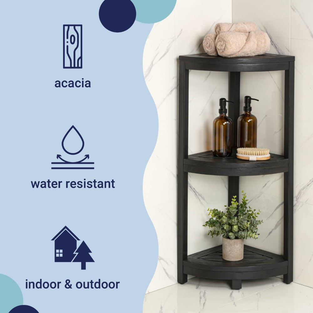 Tera 33" Classic Minimalist 3-Tier Acacia Wood Freestanding Bathroom Corner Shelf