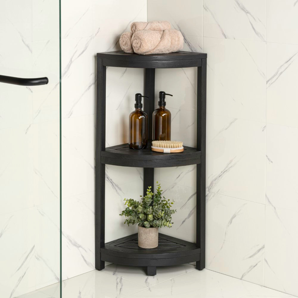 Tera 33" Classic Minimalist 3-Tier Acacia Wood Freestanding Bathroom Corner Shelf