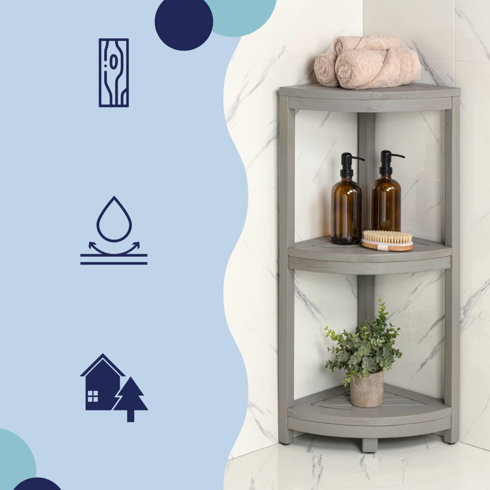 Tera 33" Classic Minimalist 3-Tier Acacia Wood Freestanding Bathroom Corner Shelf