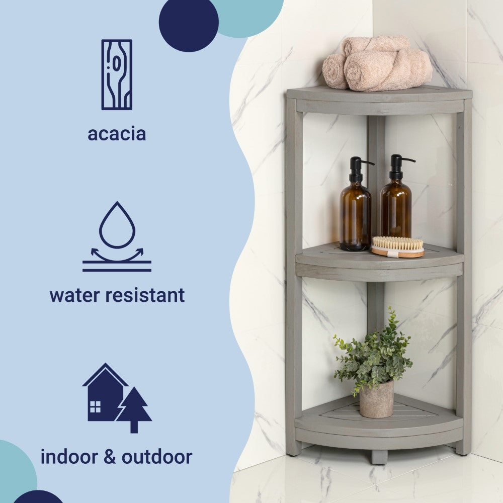 Tera 33" Classic Minimalist 3-Tier Acacia Wood Freestanding Bathroom Corner Shelf