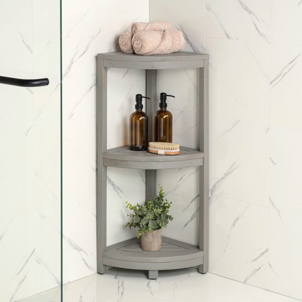 Tera 33" Classic Minimalist 3-Tier Acacia Wood Freestanding Bathroom Corner Shelf