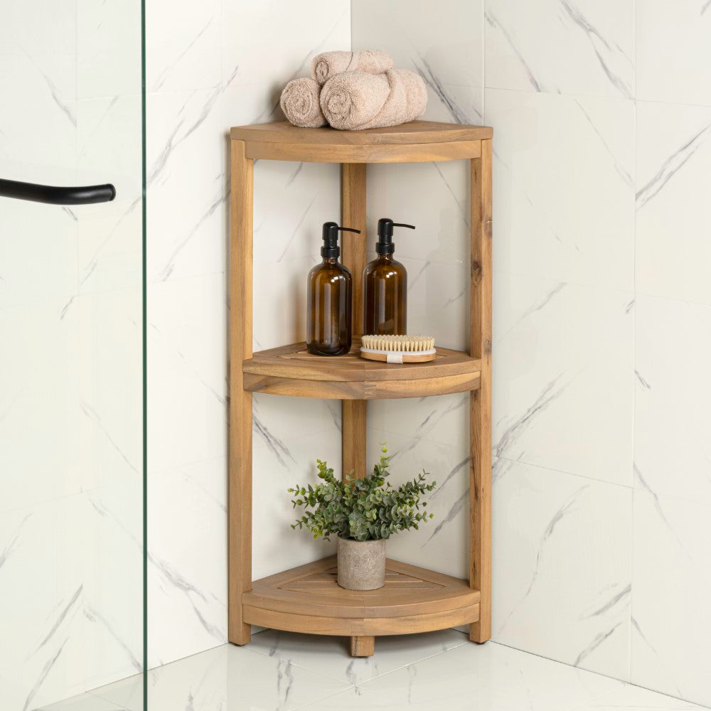 Tera 33" Classic Minimalist 3-Tier Acacia Wood Freestanding Bathroom Corner Shelf