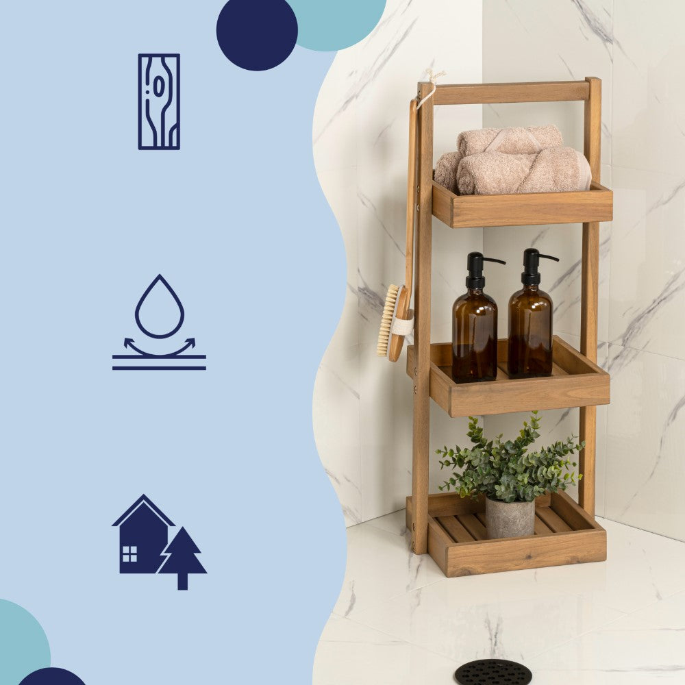 Moro 30" Classic Rustic 3-Tier Acacia Wood Freestanding Bathroom Shower Caddy