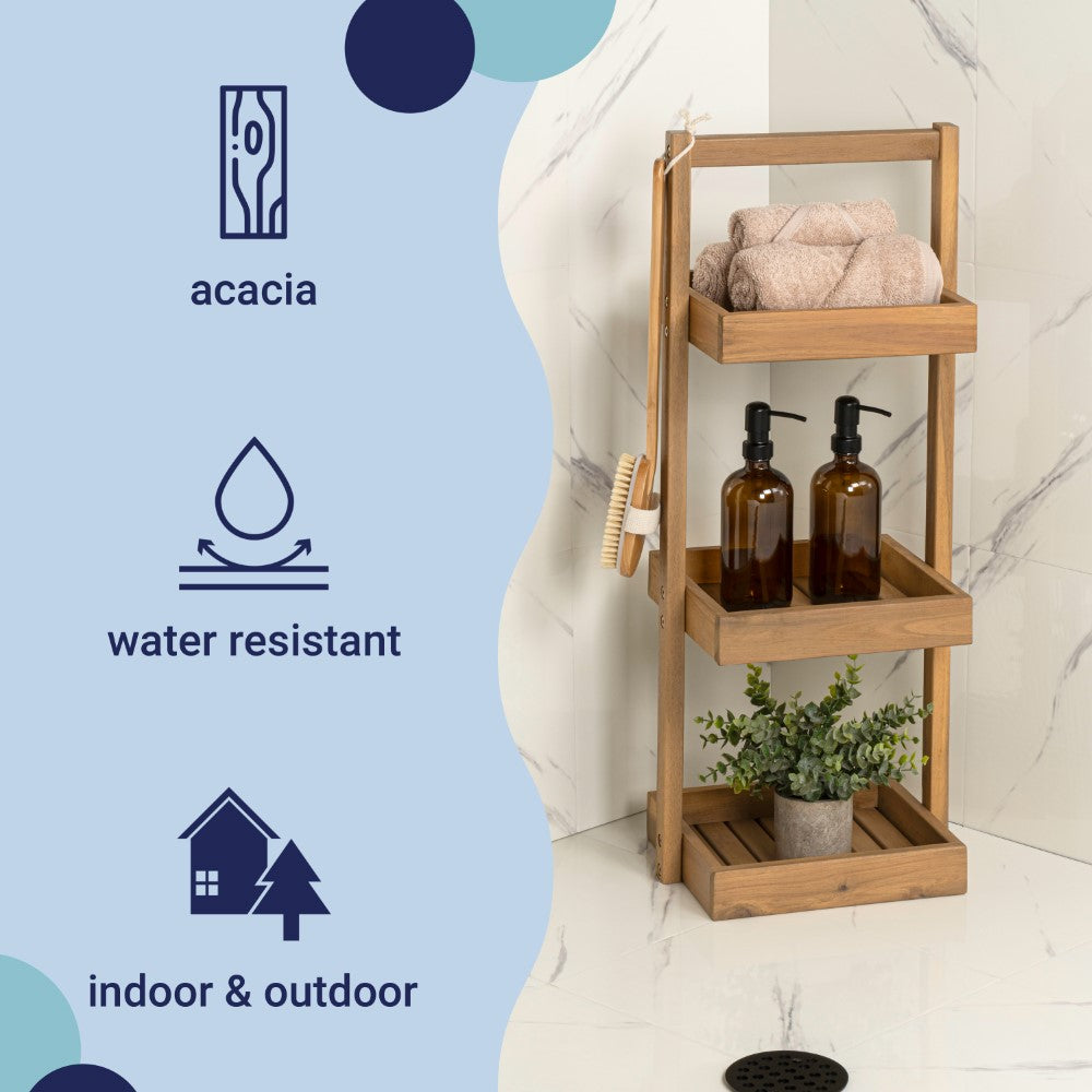 Moro 30" Classic Rustic 3-Tier Acacia Wood Freestanding Bathroom Shower Caddy