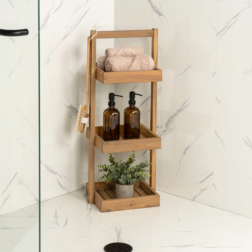 Moro 30" Classic Rustic 3-Tier Acacia Wood Freestanding Bathroom Shower Caddy