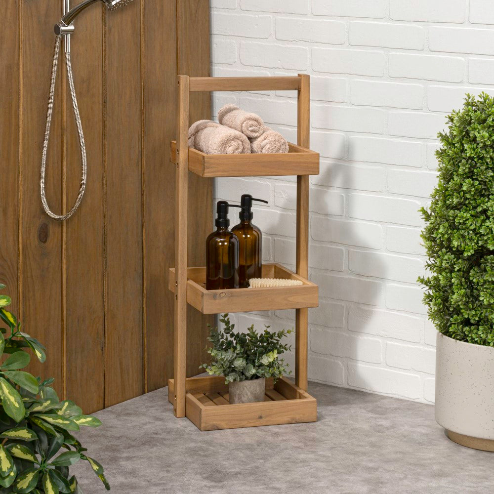 Moro 30" Classic Rustic 3-Tier Acacia Wood Freestanding Bathroom Shower Caddy