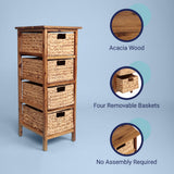 Lindenra 33.5 in. H Coastal Bohemian Handcrafted Acacia Wood 4-Tier Storage Cabinet with 4 Water Hyacinth Woven Baskets