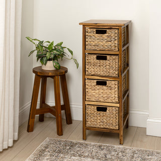 Lindenra 33.5 in. H Coastal Bohemian Handcrafted Acacia Wood 4-Tier Storage Cabinet with 4 Water Hyacinth Woven Baskets