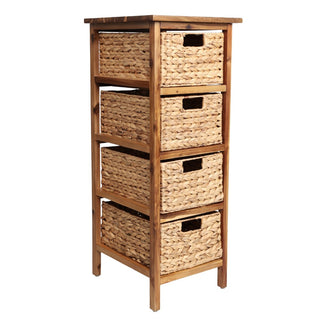 Lindenra 33.5 in. H Coastal Bohemian Handcrafted Acacia Wood 4-Tier Storage Cabinet with 4 Water Hyacinth Woven Baskets